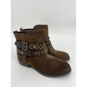 Guess Women's Brown Leather Studded Rhinestone Cowboy Ankle Boots Heels Sz 7.5M